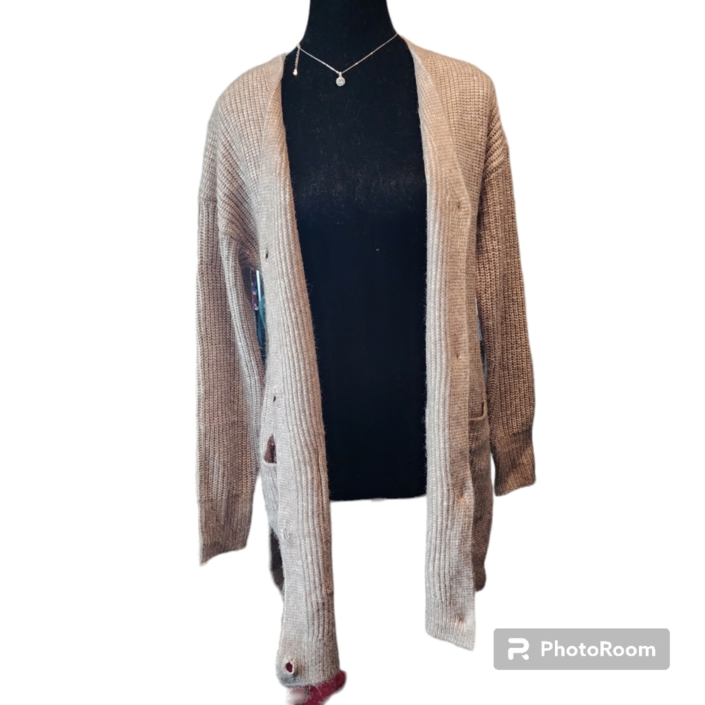 Womans XS Jessica Simpson Loose Knit Pockets Brown Cardigan